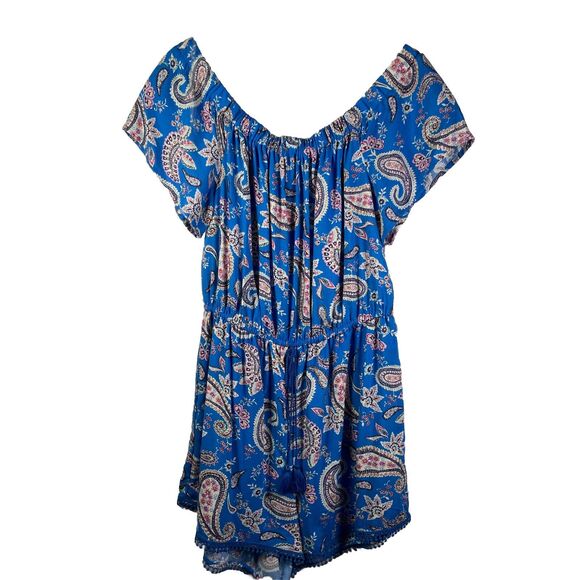 Bebop Blue Paisley Romper Jumper Shortalls Size XL NWT Off Shoulder Shorts - Picture 2 of 10